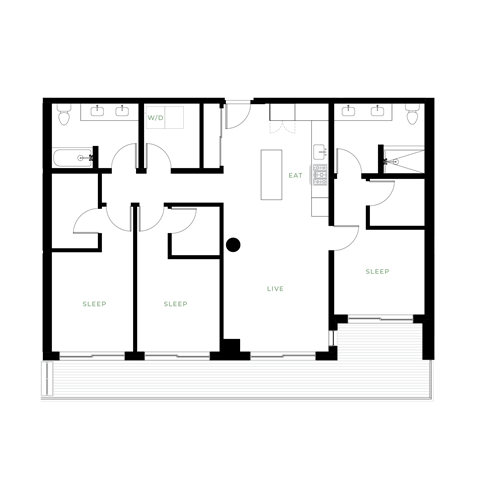 Floor plan for 3 beds, 2 baths, 1295 sqft